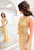 Load image into Gallery viewer, Gold Sparkly One Shoulder Sequins Long Prom Dress with Slit