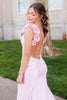 Load image into Gallery viewer, Floral Pink Mermaid V-Neck Backless Long Satin Prom Dress