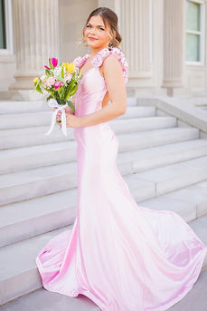 Floral Pink Mermaid V-Neck Backless Long Satin Prom Dress