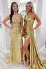 Load image into Gallery viewer, Metallic Gold Mermaid Corset One Shoulder Long Prom Dress with Slit