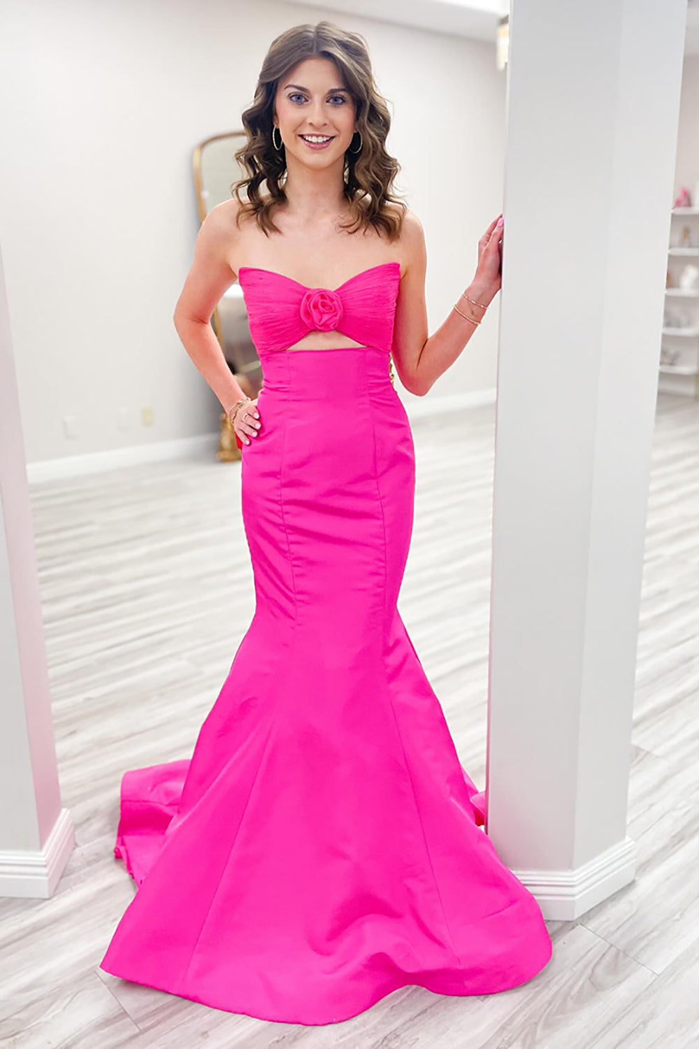 Fuchsia Mermaid Strapless Keyhole Satin Long Prom Dress