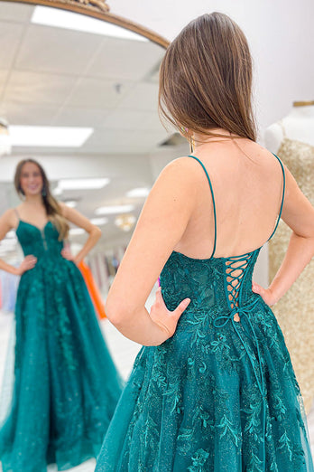 Emerald Green Corset Long Prom Dress with Appliques