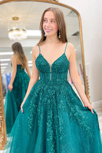 Emerald Green Corset Long Prom Dress with Appliques