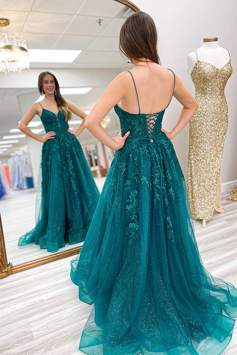 Load image into Gallery viewer, Emerald Green Corset Long Prom Dress with Appliques