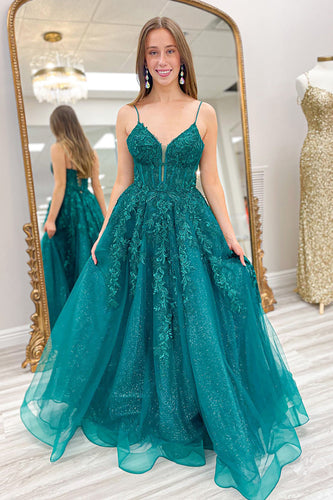 Emerald Green Corset Long Prom Dress with Appliques