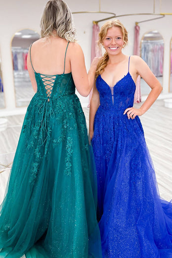 Emerald Green Corset Long Prom Dress with Appliques