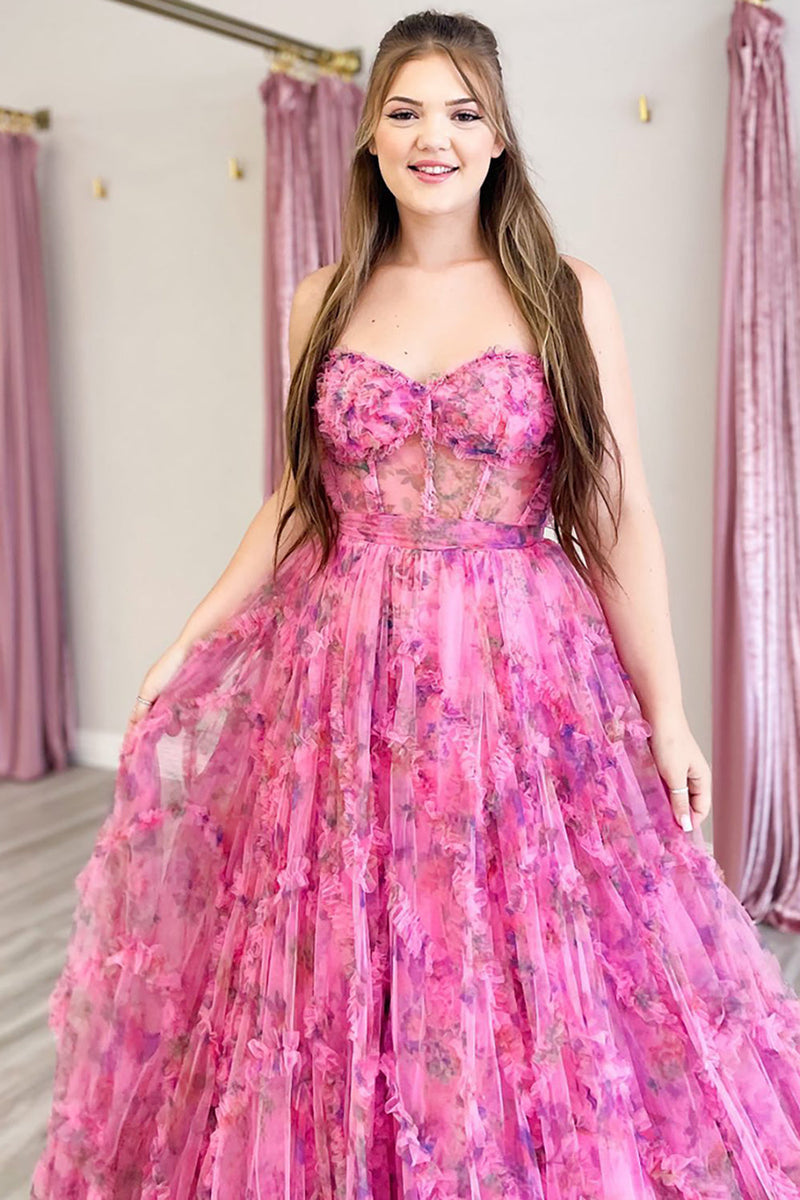 Load image into Gallery viewer, Floral Pink Sweetheart Strapless Corset A Line Long Prom Dress