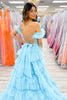 Load image into Gallery viewer, Light Blue Corset Tiered Off the Shoulder Long Prom Dress with Slit