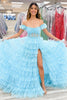 Load image into Gallery viewer, Light Blue Corset Tiered Off the Shoulder Long Prom Dress with Slit