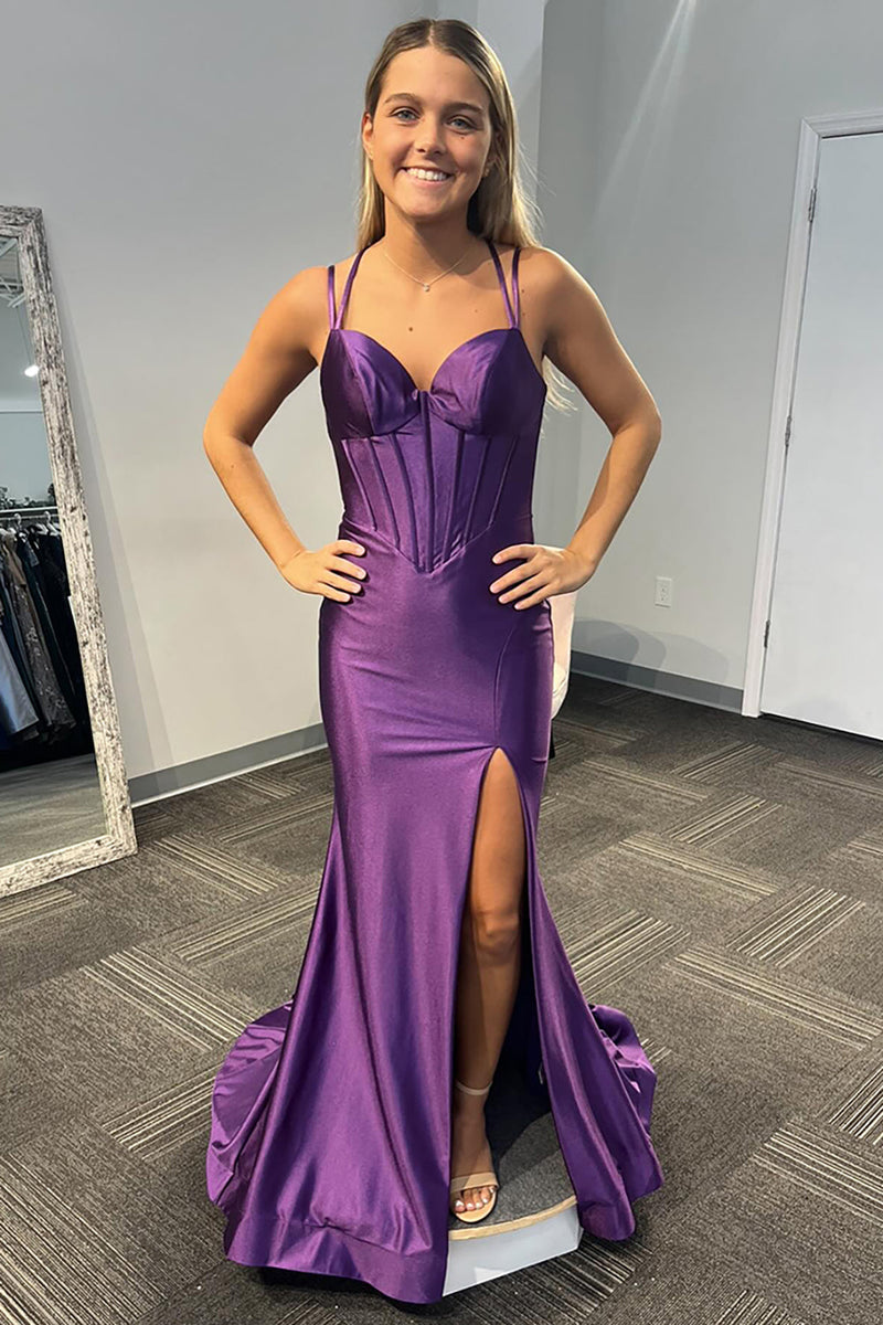 Load image into Gallery viewer, Lilac Corset Mermaid Spaghetti Straps Long Satin Prom Dress with Slit