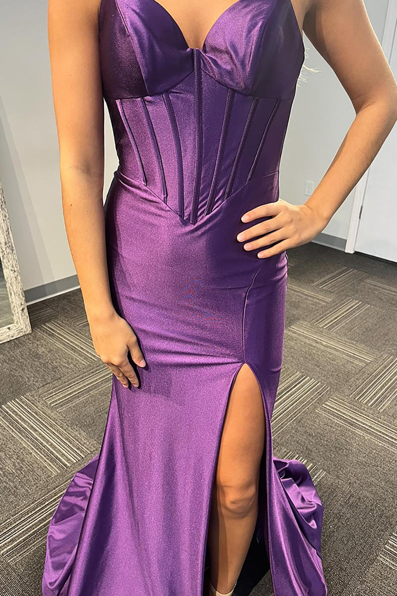 Load image into Gallery viewer, Lilac Corset Mermaid Spaghetti Straps Long Satin Prom Dress with Slit