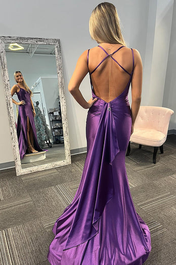 Lilac Corset Mermaid Spaghetti Straps Long Satin Prom Dress with Slit