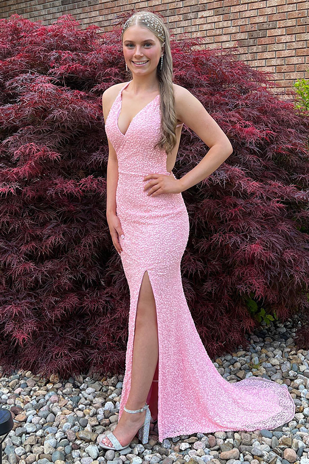 Halter Pink Mermaid V-Neck Long Prom Dress with Slit