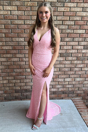 Halter Pink Mermaid V-Neck Long Prom Dress with Slit