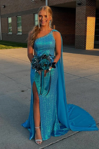 Sparkly Blue One Shoulder Long Sequins Prom Dress with Slit