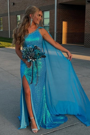 Sparkly Blue One Shoulder Long Sequins Prom Dress with Slit