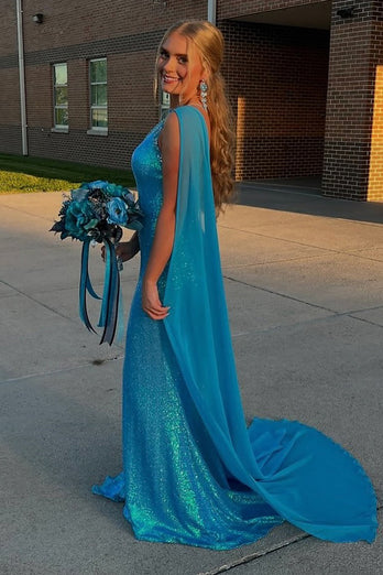 Sparkly Blue One Shoulder Long Sequins Prom Dress with Slit