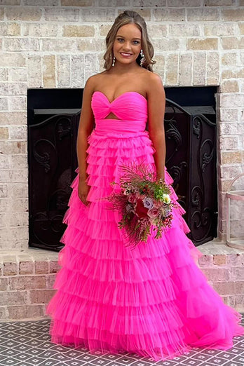 Sweetheart  Fuchsia A Line Long Tiered Tulle Prom Dress