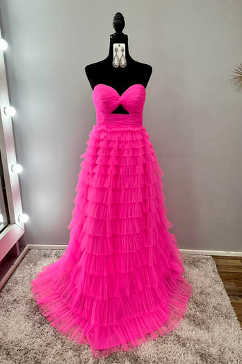 Sweetheart  Fuchsia A Line Long Tiered Tulle Prom Dress