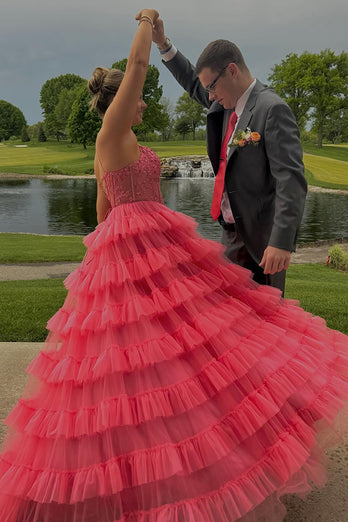 Pink A Line Spaghetti Straps Tiered Long Corset Prom Dress with Appliques