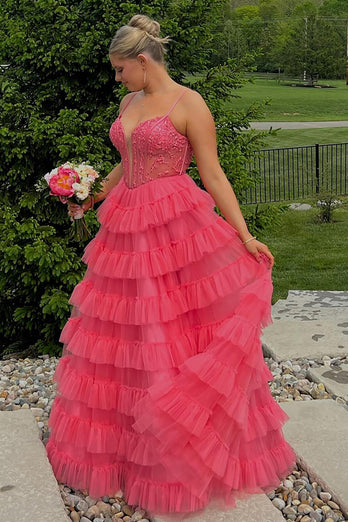 Pink A Line Spaghetti Straps Tiered Long Corset Prom Dress with Appliques