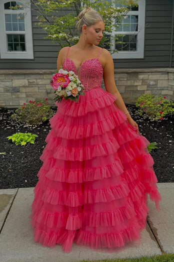 Pink A Line Spaghetti Straps Tiered Long Corset Prom Dress with Appliques