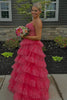 Load image into Gallery viewer, Pink A Line Spaghetti Straps Tiered Long Corset Prom Dress with Appliques