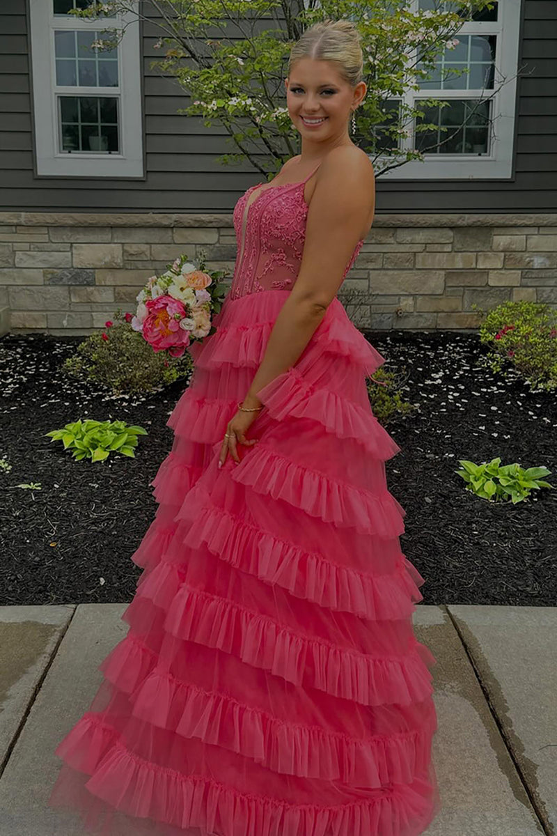 Load image into Gallery viewer, Pink A Line Spaghetti Straps Tiered Long Corset Prom Dress with Appliques