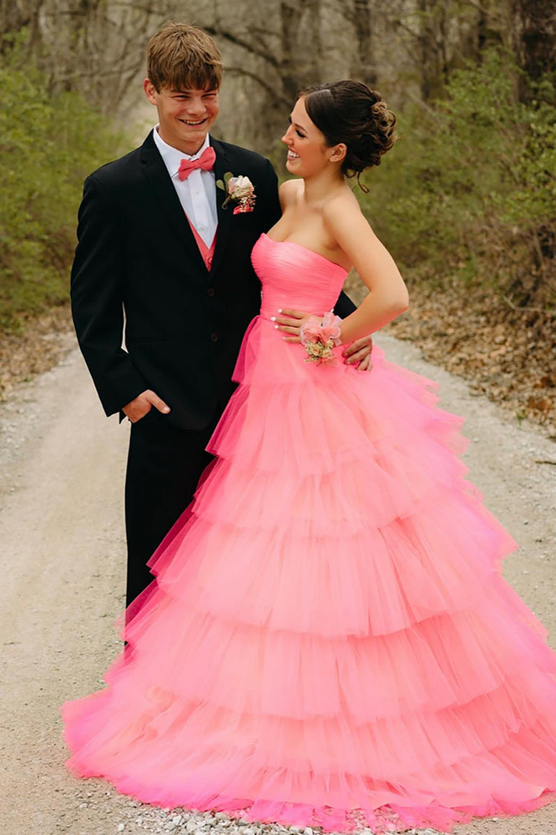 Load image into Gallery viewer, Light Pink Ball Gown A Line Tiered Long Tulle Prom Dress