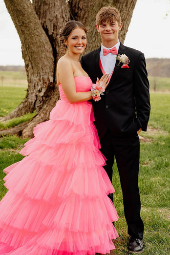 Light Pink Ball Gown A Line Tiered Long Tulle Prom Dress