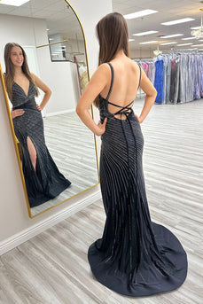 Backless Sparkly Black Beaded V-Neck Long Prom Dress with Slit