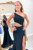 Load image into Gallery viewer, Sparkly Black One Shoulder Cut Out Long Satin Prom Dress with Beading