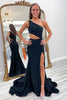 Load image into Gallery viewer, Sparkly Black One Shoulder Cut Out Long Satin Prom Dress with Beading