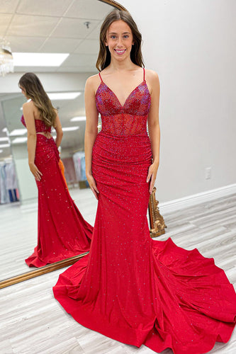 Beaded Sparkly Red Spaghetti Straps Long Corset Prom Dress