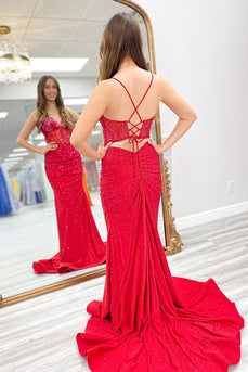 Beaded Sparkly Red Spaghetti Straps Long Corset Prom Dress