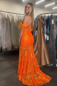 Floral Feather Sparkly Orange Long Prom Dress with Slit