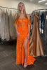 Load image into Gallery viewer, Floral Feather Sparkly Orange Long Prom Dress with Slit