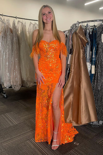 Floral Feather Sparkly Orange Long Prom Dress with Slit