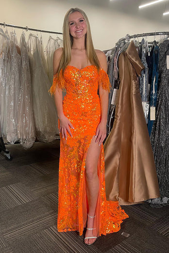 Floral Feather Sparkly Orange Long Prom Dress with Slit