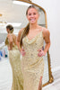 Load image into Gallery viewer, Sparkly Gold Sequin Cowl Neck Long Prom Dress with Slit