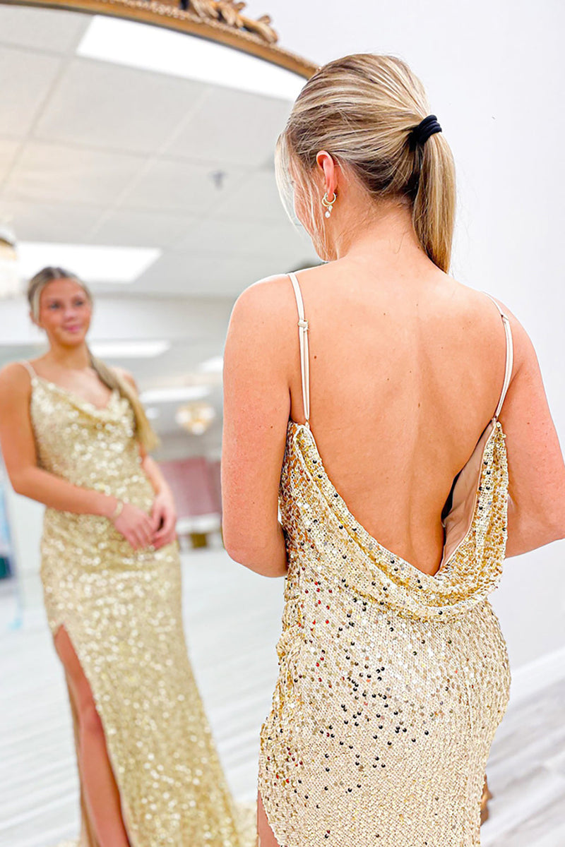 Load image into Gallery viewer, Sparkly Gold Sequin Cowl Neck Long Prom Dress with Slit