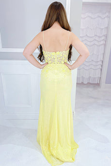 Floral Yellow Spaghetti Straps Long Prom Dress with Slit