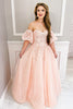 Load image into Gallery viewer, A Line Floral Blush Strapless Long Corset Prom Dress with Puff Sleeves