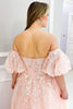 Load image into Gallery viewer, A Line Floral Blush Strapless Long Corset Prom Dress with Puff Sleeves