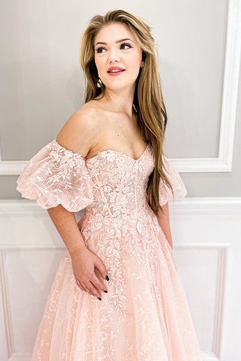 A Line Floral Blush Strapless Long Corset Prom Dress with Puff Sleeves