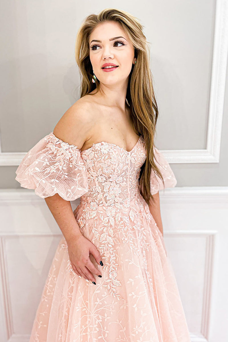 Load image into Gallery viewer, A Line Floral Blush Strapless Long Corset Prom Dress with Puff Sleeves