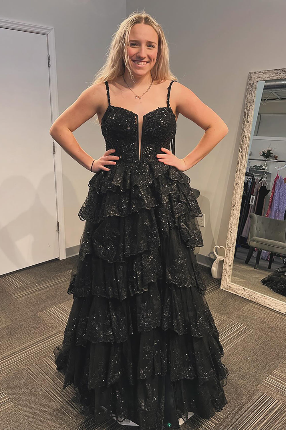 Sparkly Black Tiered Long Corset Prom Dress with Slit