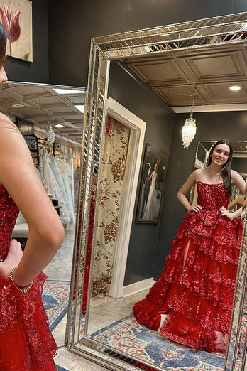 Sparkly Red Strapless Corset Tiered Long Prom Dress with Sequins