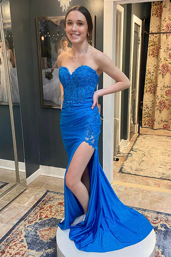 Sweetheart Sparkly Blue Long Corset Prom Dress with Appliques