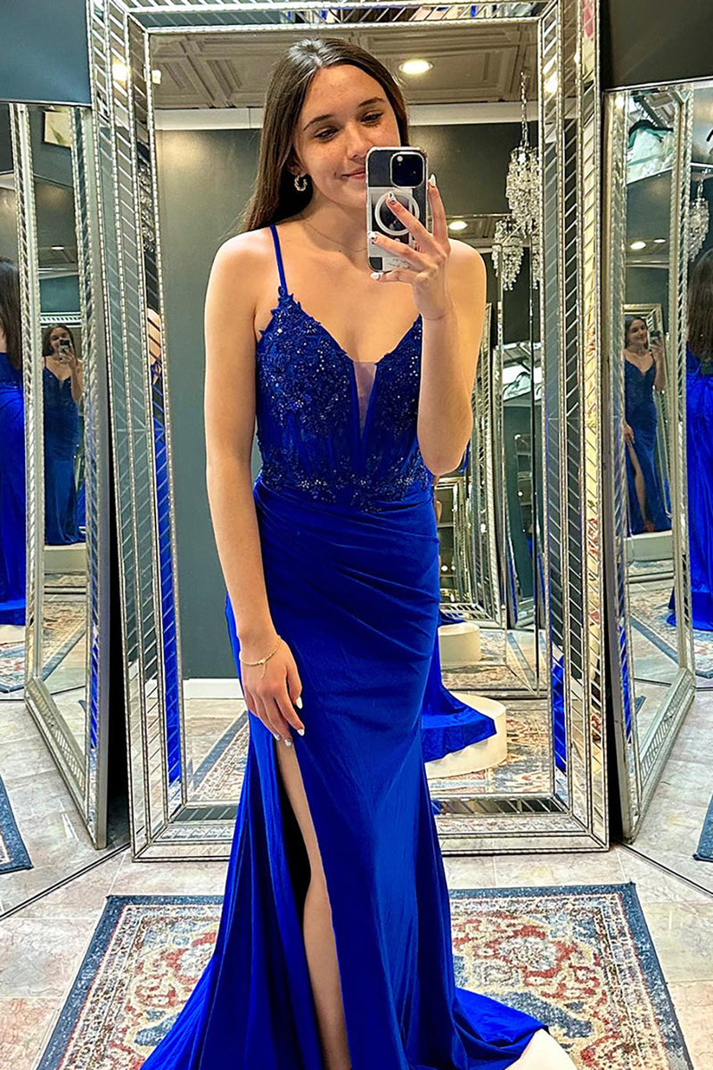 Load image into Gallery viewer, Spaghetti Straps Sparkly Royal Blue Long Corset Prom Dress